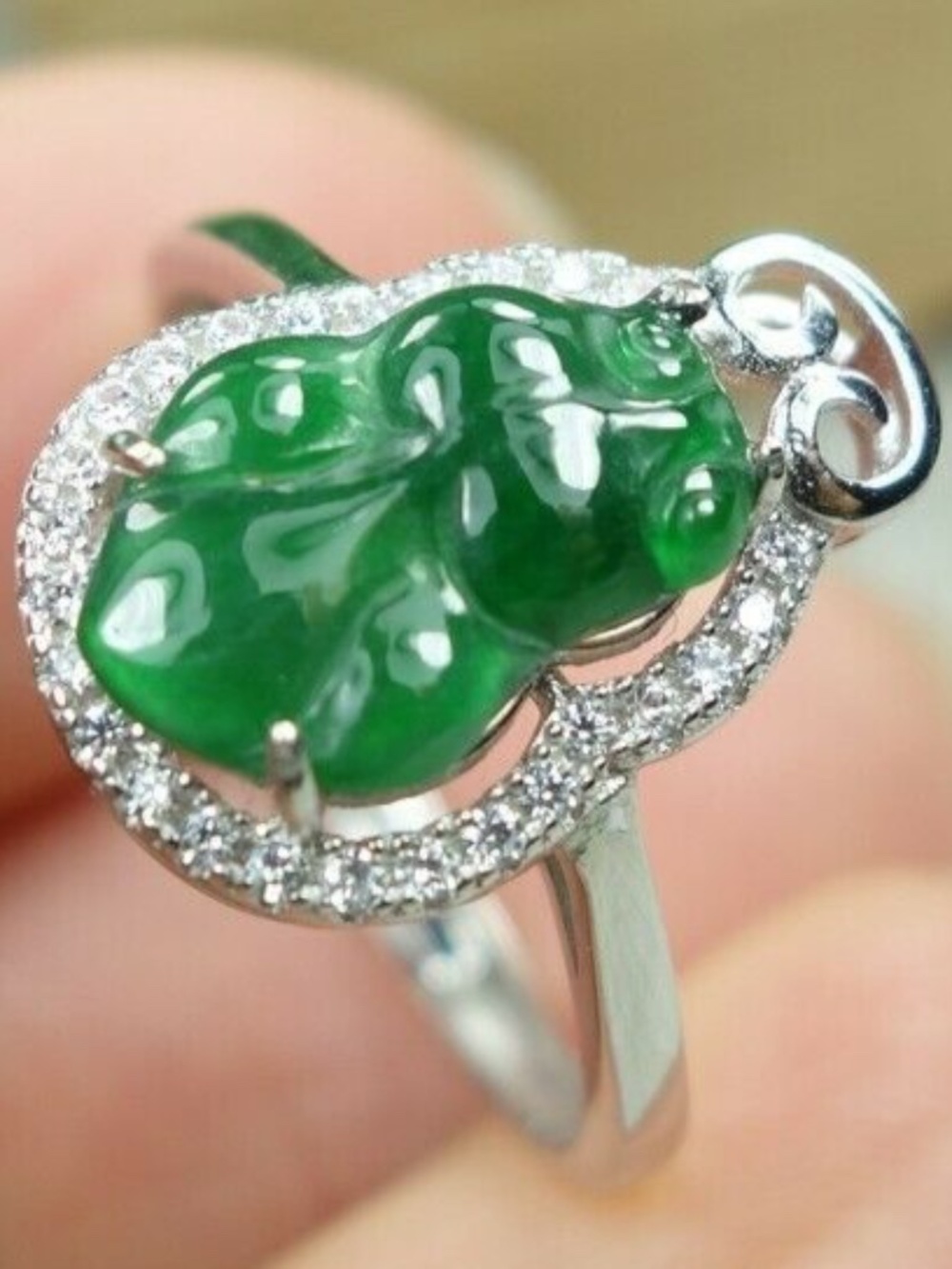 Certified Icy Green 100% Natural A jadeite jade Goldfish Ring s925 silver 金鱼 戒指